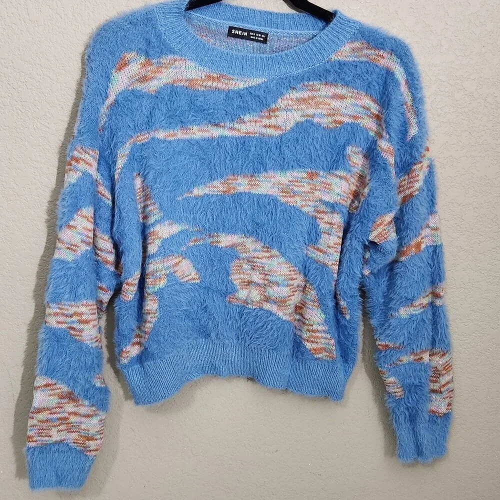 Shein Blue Fuzzy Striped Acrylic Sweater Womens Size M Multicolor Knit